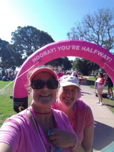Lesleigh and Jamie at the halfway point of the Susan G. Komen San Diego 3-Day.