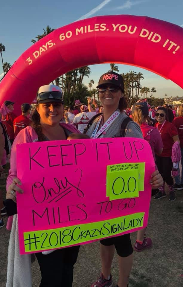 Tamara M. the Crazy Sign Lady at the Susan G. Komen San Diego 3-Day finish line.